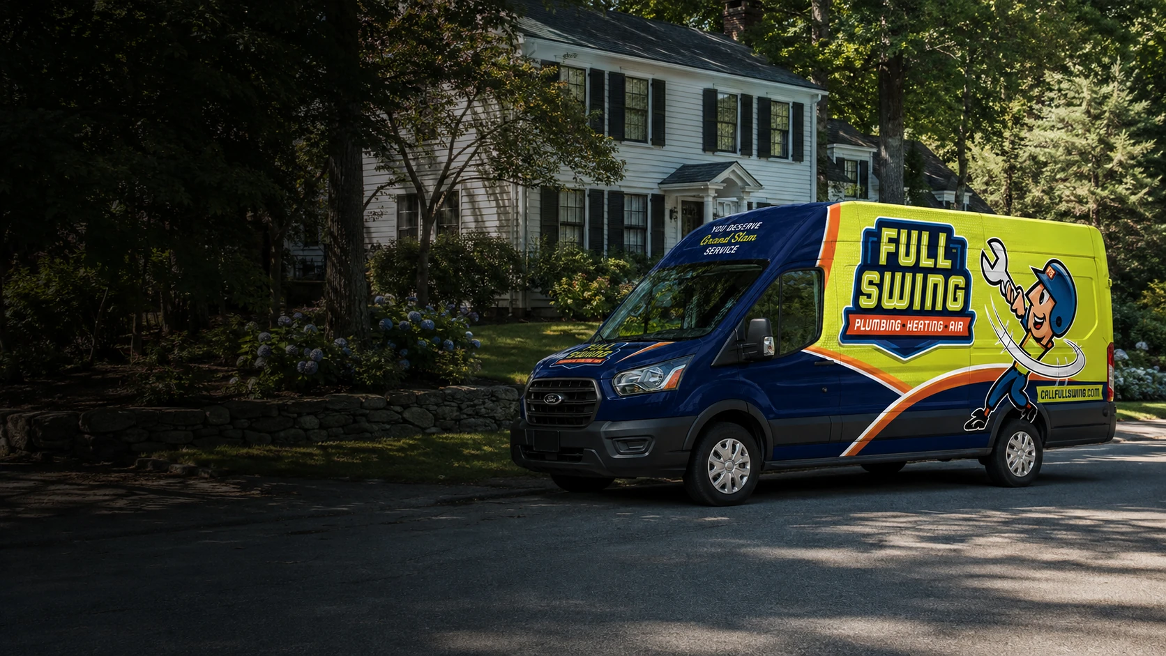 Full Swing service van parked outside a home in Norwell, Massachusetts
