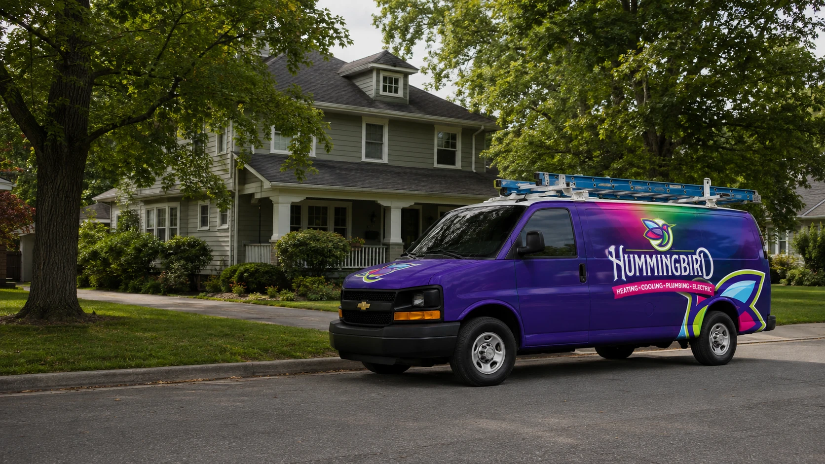 Purple Hummingbird service van with current Heating, Cooling, Plumbing and Electric branding outside a home in Syracuse, New York