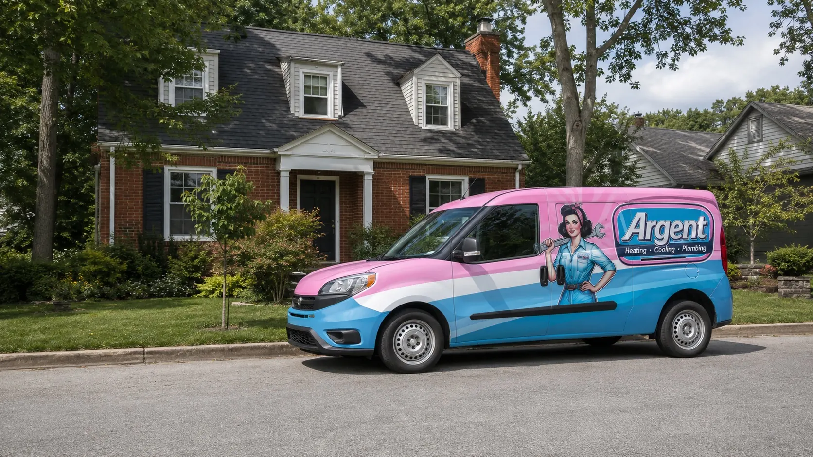 Pink, white and blue Argent service van parked outside a house