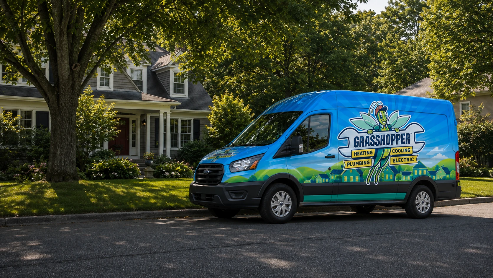 Blue Grasshopper service van parked outside a home in Clifton Park, New York