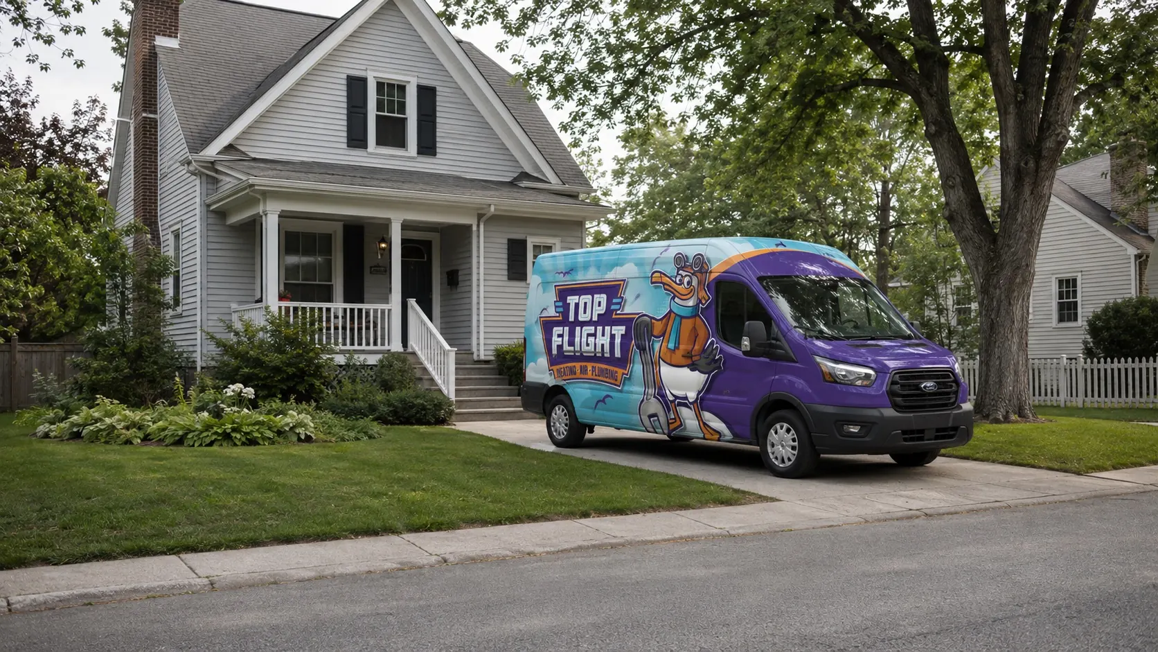 Blue and purple Top Flight service van beside a suburban home