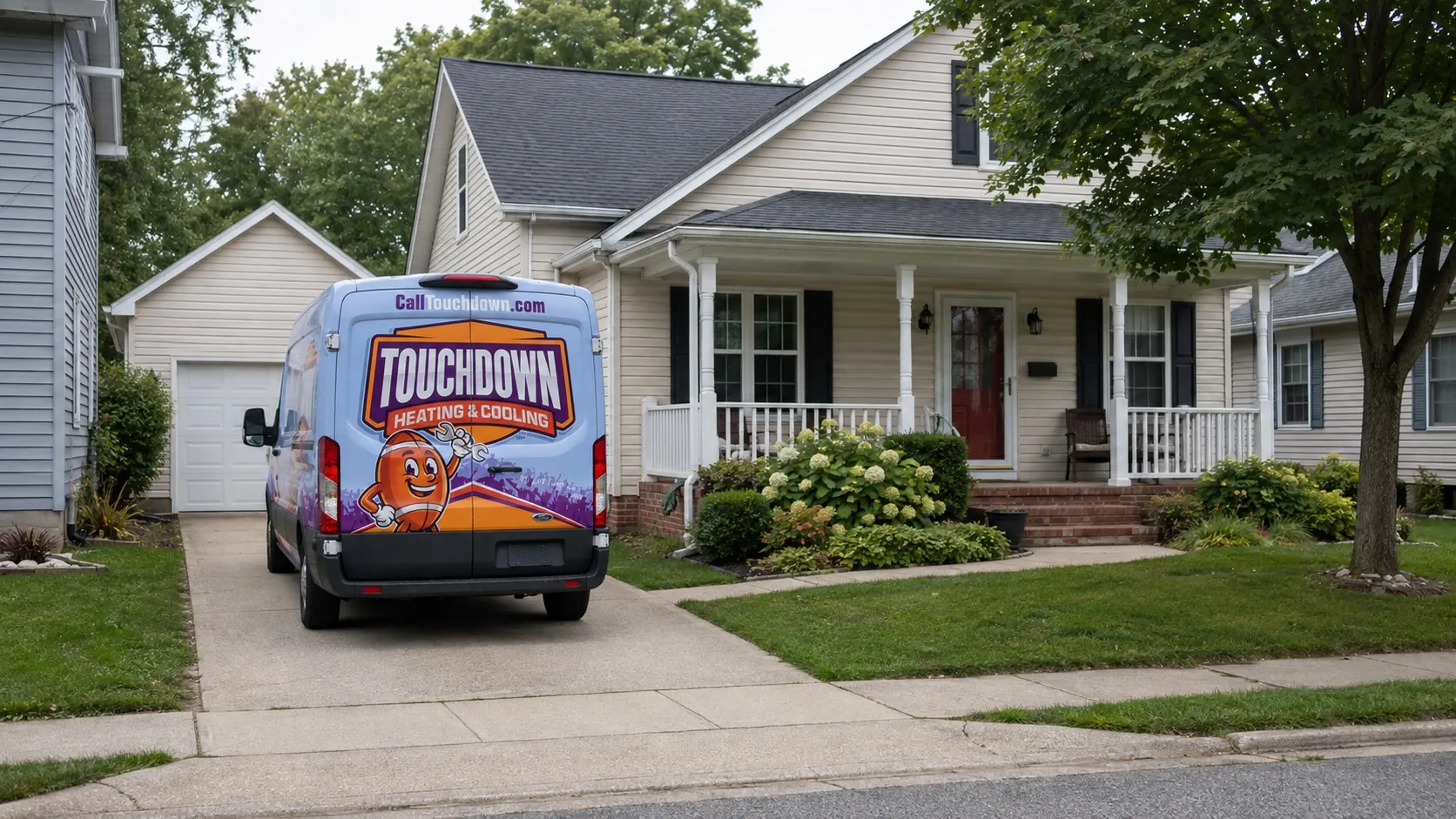 Touchdown service van with football graphics outside a house