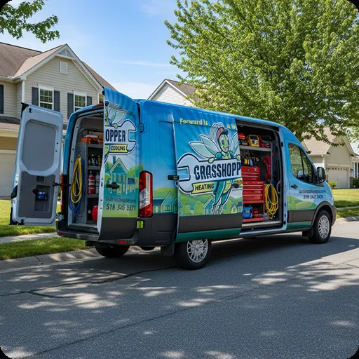 A Grasshopper van open and stocked in a customer's driveway